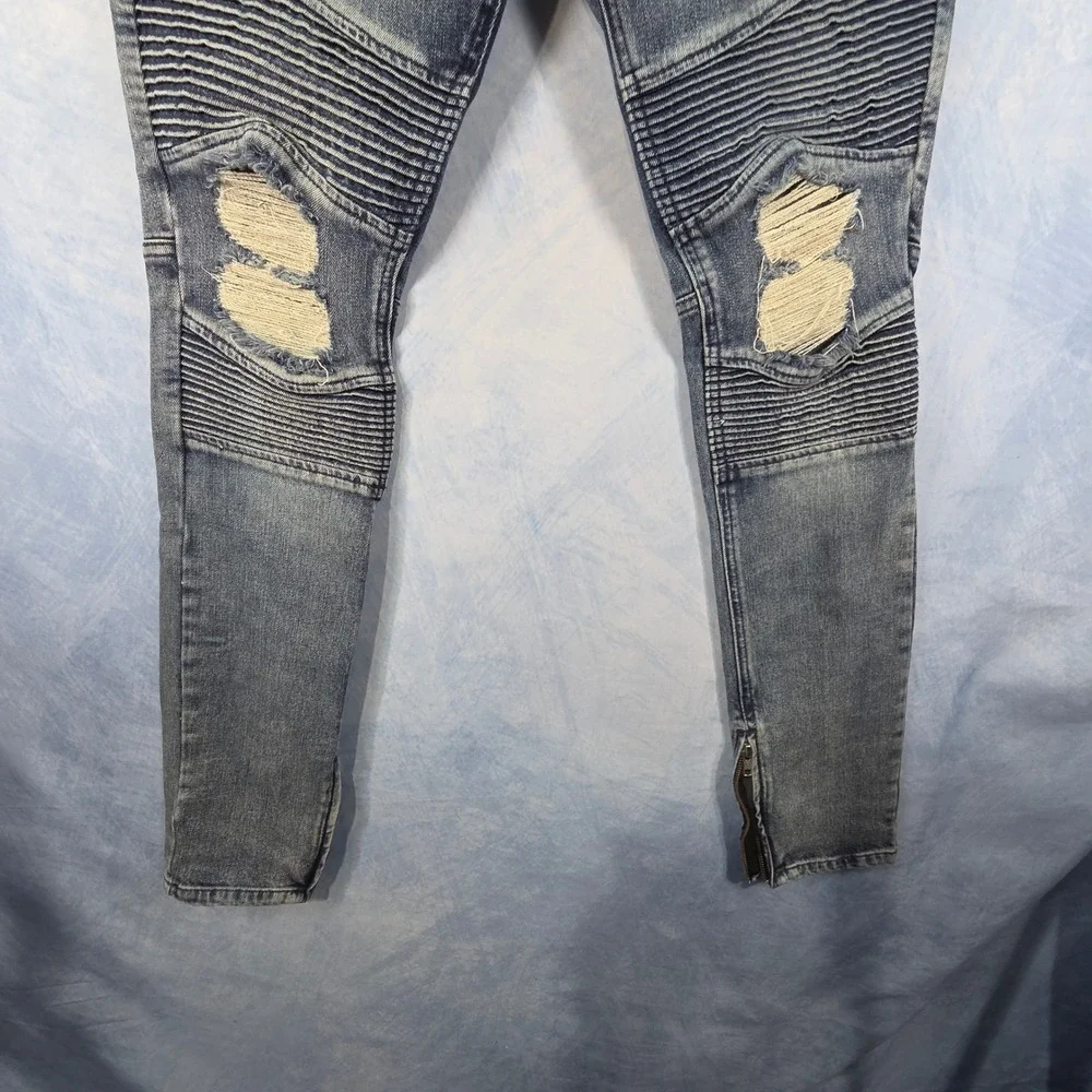 PacSun Mens Stacked Skinny Biker Moto Jeans Blue Distressed Ankle Zip 31x32
